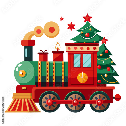 Festive Steam Engine Vector Illustration with Evergreen Tree, Toy Train Design, Transport Graphic, Gift Card, Celebration, New Year Christmas Holiday Express Elements. 