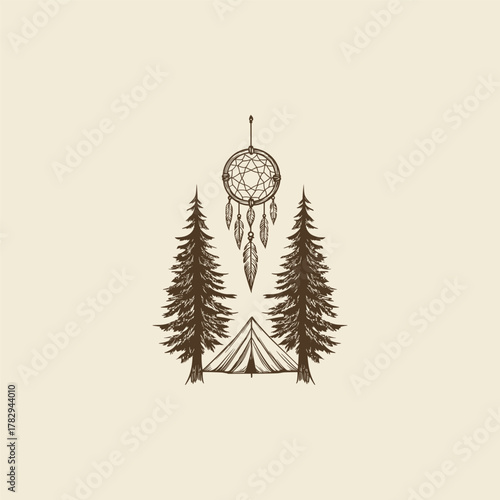 illustration featuring a detailed, patterned dream catcher centered above a camping tent and flanked by two textured pine trees