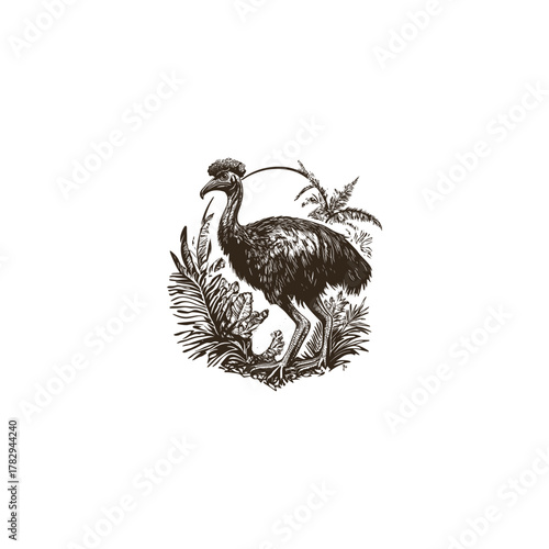 vintage engraving illustration of an exotic Cassowary bird with a pronounced crest, standing amongst tropical leaves