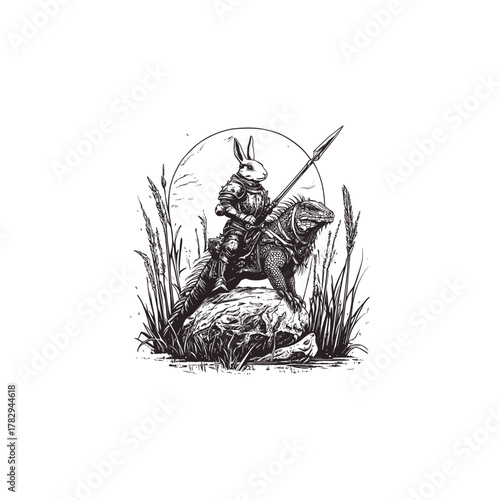 Vintage engraving illustration of an anthropomorphic rabbit warrior, armed with a spear and wearing armor, riding a scaly reptile through tall grass