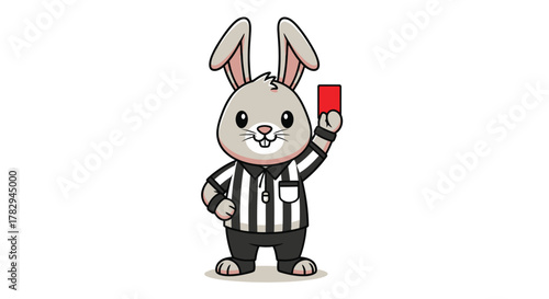 Cute cartoon rabbit dressed as a referee holding up a red card.