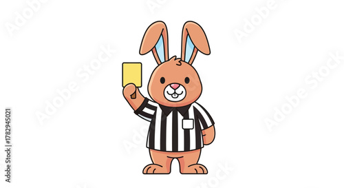 Cartoon illustration of a cute rabbit dressed as a sports referee holding up a yellow penalty card.