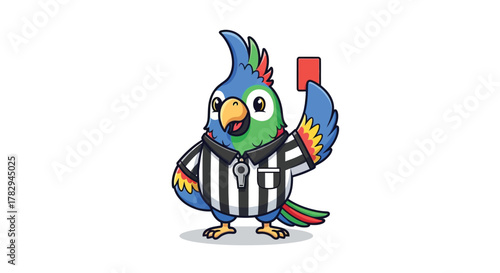 A cartoon parrot dressed as a referee holding a red card, symbolizing a penalty in a game.