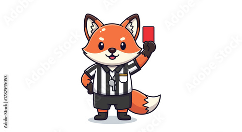 Cute cartoon fox character dressed as a soccer referee holding a red card.