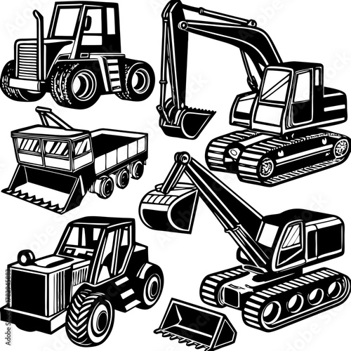 Detailed black and white icons of various construction vehicles, including excavators, loaders, and haul trucks, in a vector illustration format