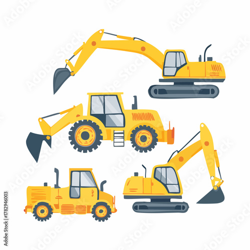 Construction Equipment Illustration Set Excavators, Loaders, and Bulldozers in Vector Art