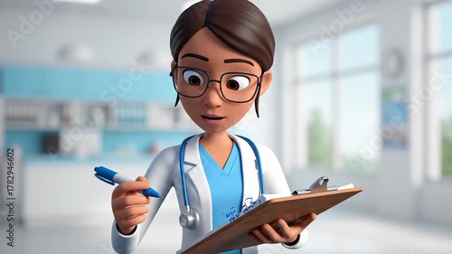 Animated Doctor Taking Notes in Hospital Cartoon Style.