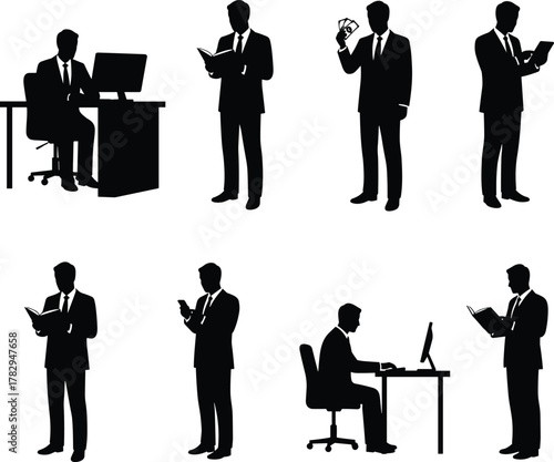 Businesspeople silhouette set, office professionals, workplace activity, reading book, using phone, working on computer, corporate poses, business actions, digital devices