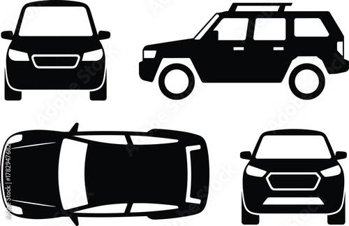 Car vector illustrations, black and white vehicle icons, front side top views, SUV and sedan graphics, automotive design elements, stylized transportation art