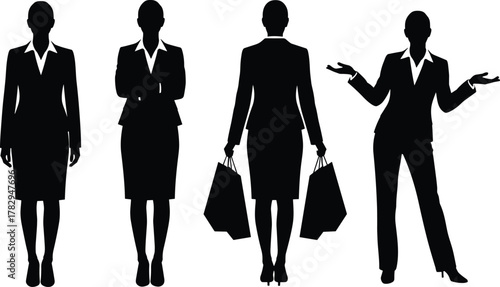 Businesswoman silhouette set, professional attire, shopping bags, expressive gestures, arms crossed, standing pose, black and white, corporate icons, posture variety