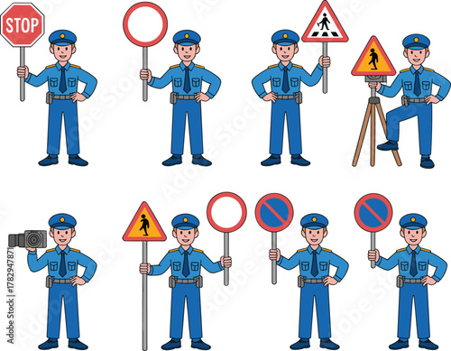 Cartoon police officer and traffic sign illustration set, road safety character icons, stylized law enforcement graphics, educational signage design, driving rules visuals