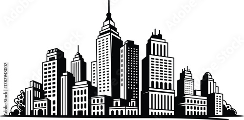 City skyline illustration, black and white urban architecture, stylized skyscraper silhouettes, metropolitan building graphic, iconic tower design, modern infrastructure art, downtown landscape
