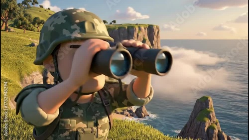 Animated Soldier on Coastal Lookout with Binoculars Cartoon Military Scene.