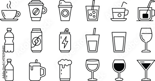 Drink icons, coffee cup, soda can, cocktail glass, water bottle, wine glass, beverage symbols, black and white, barware, menu design, drinks