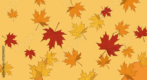 Vector illustration of falling maple leaves in warm orange and yellow tones, symbol of autumn season.