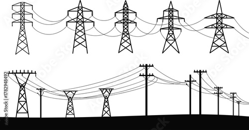 Electric tower illustrations, black and white transmission icons, utility pole graphics, power line infrastructure art, stylized energy grid design, electricity distribution elements
