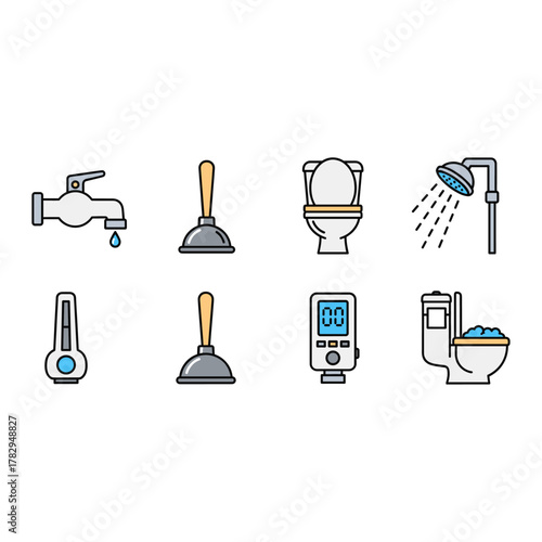 Outline Vector Set of Plumbing and Bathroom Icons: Faucet, Plunger, Toilet, Thermometer, and Shower Head, for Home Repair and Service Design.