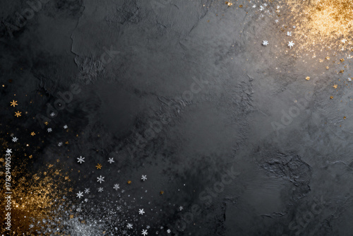 AI generated images. A structured dark grey  background, with golden glitters and light.