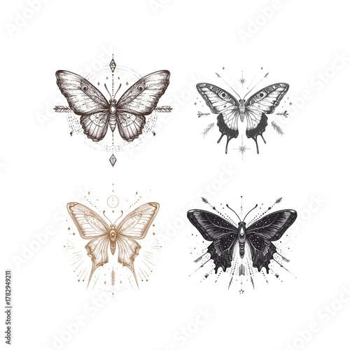 Set of four detailed vintage style illustrations of mystical butterflies featuring wings adorned with celestial, magical