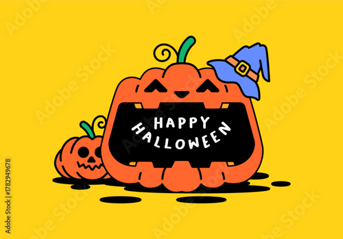 Happy halloween cartoon vector illustration with pumpkin jack o lantern wearing witch hat on yellow background