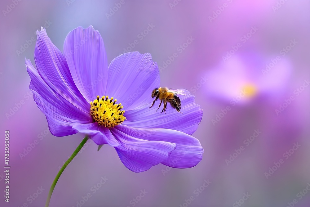 Fototapeta premium Bee lands on lilac flower with a yellow center