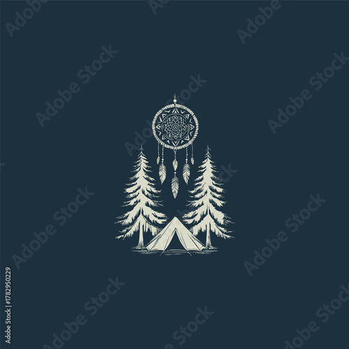 illustration featuring a detailed, patterned dream catcher centered above a camping tent and flanked by two textured pine trees