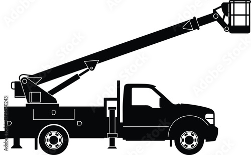 Bucket truck silhouette, cherry picker lift, hydraulic boom, elevated access vehicle, utility work, black and white, construction equipment, vector illustration