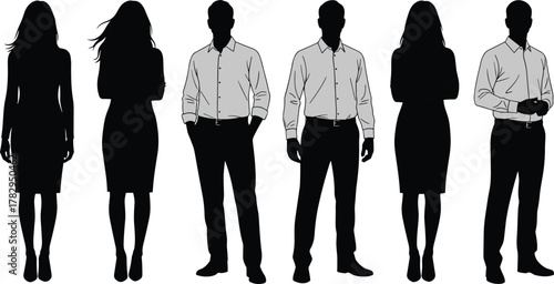 Business team silhouette set, professional attire, male and female figures, workplace diversity, standing pose, black and white, corporate icons