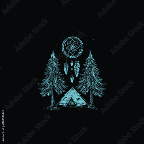 illustration featuring a detailed, patterned dream catcher centered above a camping tent and flanked by two textured pine trees