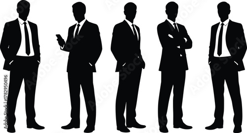 Businessman silhouette set, formal attire, suit and tie, smartphone gesture, posture variation, black and white, corporate icon, vector illustration