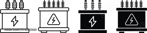 Electrical transformer icon set, black and white safety symbol illustrations, stylized power distribution graphics, lightning bolt and warning triangle designs