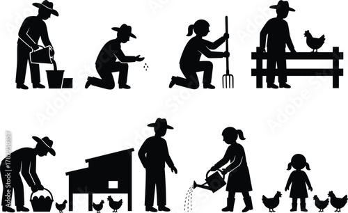 Farming silhouette scenes, people with chickens, planting, watering, feeding, rural life, agriculture activities, black figures, coop care, child interaction, farm work
