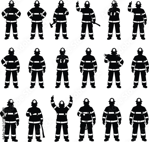 Firefighter silhouette set, emergency response poses, fire safety gear, rescue tools, black and white, helmet uniform, action stance, firefighting concept
