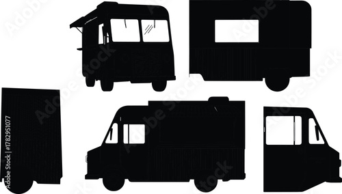 Food truck silhouettes, black mobile vending icons, street food vehicle graphics, stylized catering van designs, outdoor kitchen art, mobile restaurant illustration