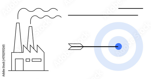 Factory with chimneys emitting smoke next to an arrow hitting the center of a target. Ideal for manufacturing, production, efficiency, goals, precision, focus, industrial processes. Simple flat