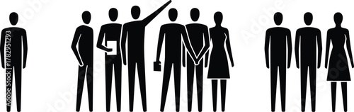 Group silhouette illustration, symbolic human figures, casual and formal poses, gesture diversity, black and white, teamwork concept, vector lineup
