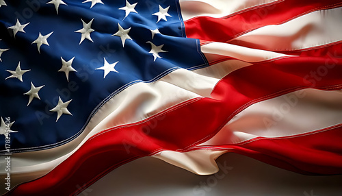 Waving American Flag with Detailed Stars and Stripes in Soft Light.