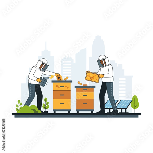 Beekeepers tending to beehives in an urban environment, illustration.