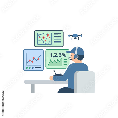Drone Operator Analyzing Data at Desk with Multiple Screens.