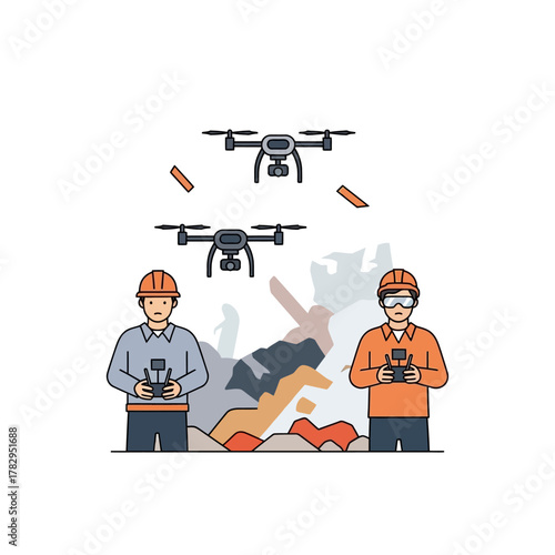 Drone Operation Team Inspecting Land with Drones, Wearing Safety Gear.