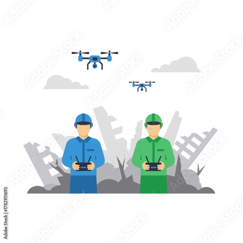 Drone Operators Surveying Disaster Area with Drones for Search and Rescue.