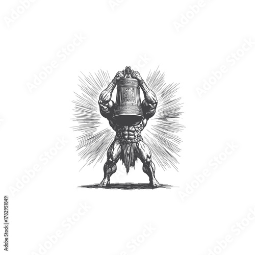 vector illustrations Strong muscular man lifting a heavy giant bell over his head