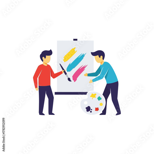 Two Artists Collaborating on a Canvas Painting with Vibrant Colors.