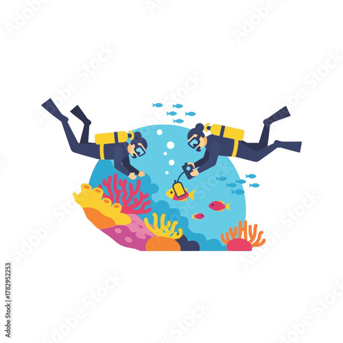 Two Scuba Divers Exploring a Vibrant Coral Reef Underwater Scene.