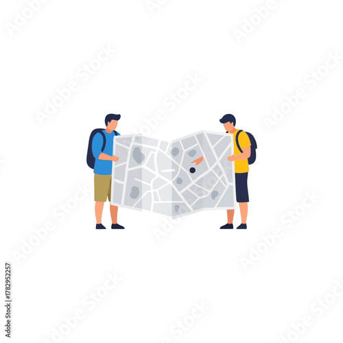 Two Travelers Consulting a Large Map for Directions and Navigation.