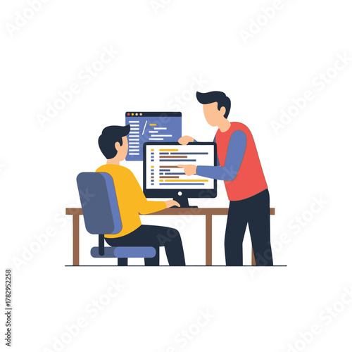 Two Software Developers Collaborating on Code Review and Problem Solving.