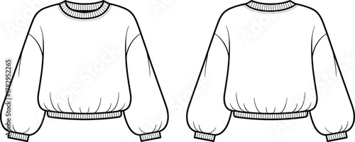 Balloon sleeve sweatshirt technical sketch comparison front view, fashion cad drawing, garment vector template, clothing design outline, apparel illustration, cad drawing flat vector illustration