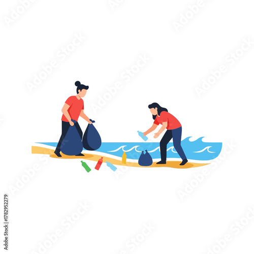 Volunteers Cleaning Beach, Picking Up Trash, Environmental Awareness, Coastal Cleanup.