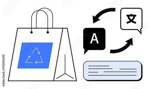 Shopping bag with recycling symbol, speech bubbles with multilingual arrows, and a text box. Ideal for sustainability, packaging, eco-shopping, global communication, translation, language simple