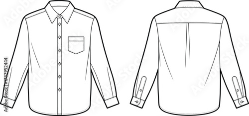 Button-up shirt technical sketch front and back view, fashion cad drawing, garment vector template, clothing design outline, apparel illustration, cad drawing flat vector illustration